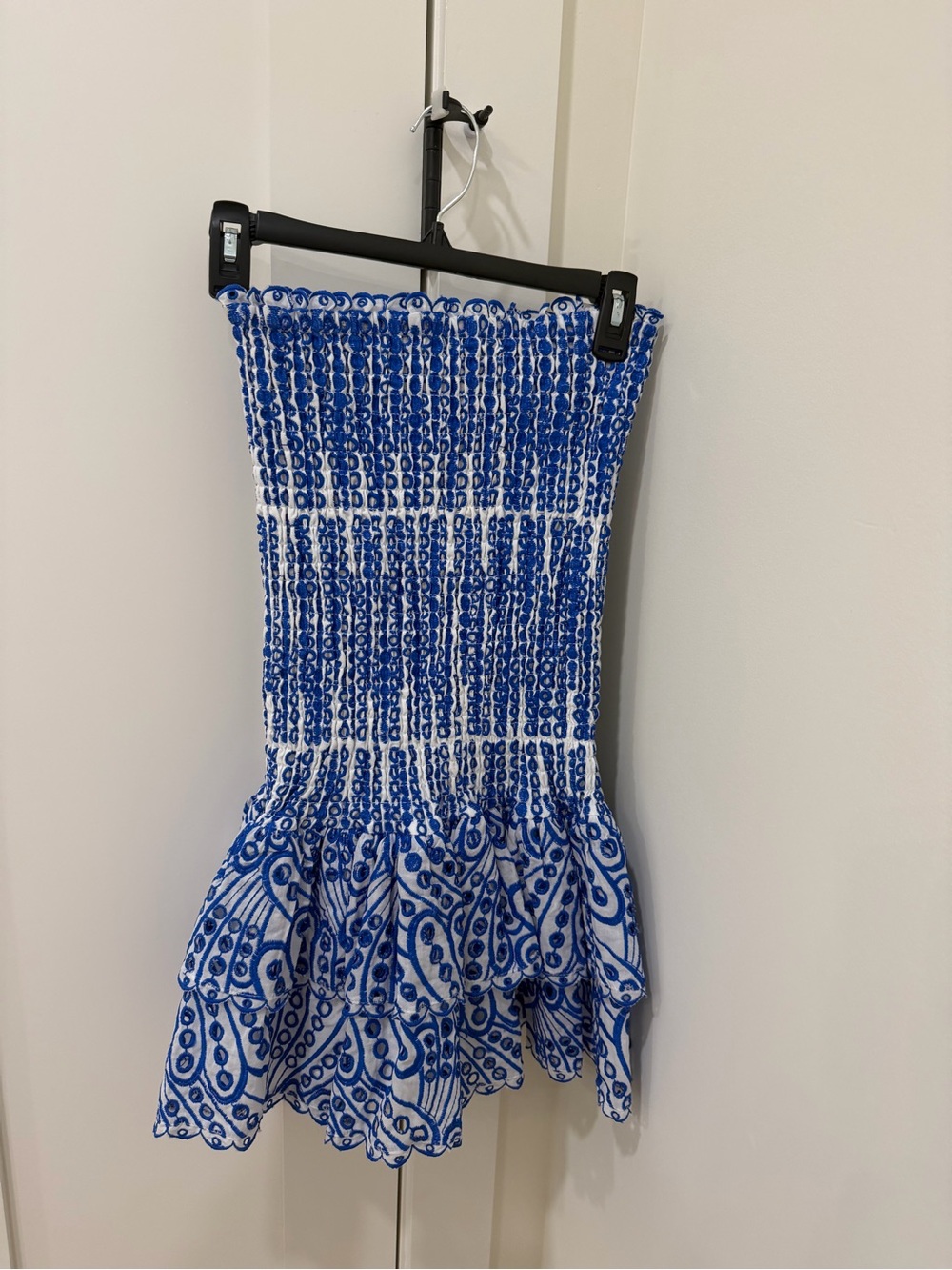 Smocked Strapless Blue & White Printed Mini Dress